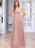 Neveah A-Line V-neck Floor-Length Chiffon Bridesmaid Dress With Ruffle Cascading Ruffles STAP0013161