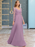 Jill A-Line V-neck Floor-Length Chiffon Bridesmaid Dress STAP0013162