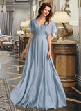 Georgia A-Line V-neck Floor-Length Bridesmaid Dress With Ruffle STAP0013165