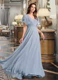 Georgia A-Line V-neck Floor-Length Bridesmaid Dress With Ruffle STAP0013165