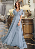 Georgia A-Line V-neck Floor-Length Bridesmaid Dress With Ruffle STAP0013165