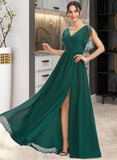 Lillian A-Line V-neck Floor-Length Bridesmaid Dress With Lace Split Front STAP0013166