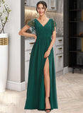 Lillian A-Line V-neck Floor-Length Bridesmaid Dress With Lace Split Front STAP0013166