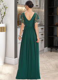 Lillian A-Line V-neck Floor-Length Bridesmaid Dress With Lace Split Front STAP0013166