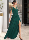 Lillian A-Line V-neck Floor-Length Bridesmaid Dress With Lace Split Front STAP0013166