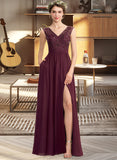 Kaley A-Line V-neck Floor-Length Chiffon Lace Bridesmaid Dress With Beading Sequins Split Front Pockets STAP0013168