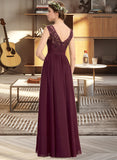 Kaley A-Line V-neck Floor-Length Chiffon Lace Bridesmaid Dress With Beading Sequins Split Front Pockets STAP0013168