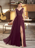 Kaley A-Line V-neck Floor-Length Chiffon Lace Bridesmaid Dress With Beading Sequins Split Front Pockets STAP0013168