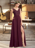 Kaley A-Line V-neck Floor-Length Chiffon Lace Bridesmaid Dress With Beading Sequins Split Front Pockets STAP0013168