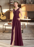 Kaley A-Line V-neck Floor-Length Chiffon Lace Bridesmaid Dress With Beading Sequins Split Front Pockets STAP0013168