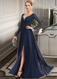 Saniyah A-Line V-neck Floor-Length Chiffon Bridesmaid Dress With Split Front STAP0013169