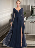 Saniyah A-Line V-neck Floor-Length Chiffon Bridesmaid Dress With Split Front STAP0013169