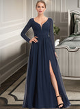 Saniyah A-Line V-neck Floor-Length Chiffon Bridesmaid Dress With Split Front STAP0013169