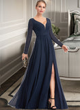 Saniyah A-Line V-neck Floor-Length Chiffon Bridesmaid Dress With Split Front STAP0013169