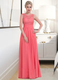 Phyllis A-Line Scoop Neck Floor-Length Chiffon Lace Bridesmaid Dress With Ruffle STAP0013171