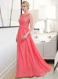 Phyllis A-Line Scoop Neck Floor-Length Chiffon Lace Bridesmaid Dress With Ruffle STAP0013171