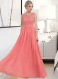 Phyllis A-Line Scoop Neck Floor-Length Chiffon Lace Bridesmaid Dress With Ruffle STAP0013171