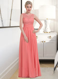 Phyllis A-Line Scoop Neck Floor-Length Chiffon Lace Bridesmaid Dress With Ruffle STAP0013171