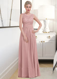 Phyllis A-Line Scoop Neck Floor-Length Chiffon Lace Bridesmaid Dress With Ruffle STAP0013171