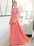 Phyllis A-Line Scoop Neck Floor-Length Chiffon Lace Bridesmaid Dress With Ruffle STAP0013171