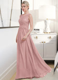 Phyllis A-Line Scoop Neck Floor-Length Chiffon Lace Bridesmaid Dress With Ruffle STAP0013171