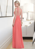 Phyllis A-Line Scoop Neck Floor-Length Chiffon Lace Bridesmaid Dress With Ruffle STAP0013171