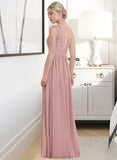 Phyllis A-Line Scoop Neck Floor-Length Chiffon Lace Bridesmaid Dress With Ruffle STAP0013171