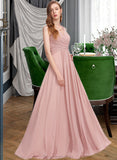 Julie A-Line V-neck Floor-Length Chiffon Bridesmaid Dress With Ruffle STAP0013174