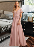 Emmy A-Line V-neck Floor-Length Bridesmaid Dress With Ruffle STAP0013183