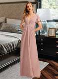 Emmy A-Line V-neck Floor-Length Bridesmaid Dress With Ruffle STAP0013183