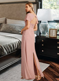 Emmy A-Line V-neck Floor-Length Bridesmaid Dress With Ruffle STAP0013183