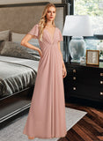 Emmy A-Line V-neck Floor-Length Bridesmaid Dress With Ruffle STAP0013183