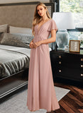 Emmy A-Line V-neck Floor-Length Bridesmaid Dress With Ruffle STAP0013183