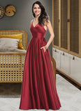 Brenna A-Line V-neck Floor-Length Satin Bridesmaid Dress With Ruffle Pockets STAP0013187