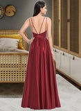 Brenna A-Line V-neck Floor-Length Satin Bridesmaid Dress With Ruffle Pockets STAP0013187