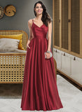 Brenna A-Line V-neck Floor-Length Satin Bridesmaid Dress With Ruffle Pockets STAP0013187