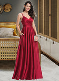 Brenna A-Line V-neck Floor-Length Satin Bridesmaid Dress With Ruffle Pockets STAP0013187