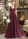 Moira A-Line V-neck Floor-Length Chiffon Lace Bridesmaid Dress With Ruffle Bow(s) STAP0013191