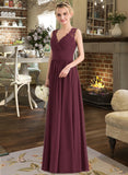 Moira A-Line V-neck Floor-Length Chiffon Lace Bridesmaid Dress With Ruffle Bow(s) STAP0013191