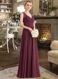 Moira A-Line V-neck Floor-Length Chiffon Lace Bridesmaid Dress With Ruffle Bow(s) STAP0013191