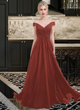 Mollie A-Line Off-the-Shoulder Floor-Length Chiffon Lace Bridesmaid Dress With Ruffle STAP0013193