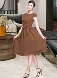 Jeanie Chiffon Knee-length Bridesmaid Dress with Cap Sleeves And Sashes STAP0013195