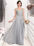 Camille A-Line V-neck Floor-Length Chiffon Lace Bridesmaid Dress With Bow(s) STAP0013203