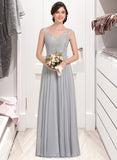 Camille A-Line V-neck Floor-Length Chiffon Lace Bridesmaid Dress With Bow(s) STAP0013203