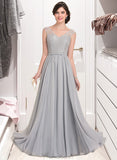 Camille A-Line V-neck Floor-Length Chiffon Lace Bridesmaid Dress With Bow(s) STAP0013203