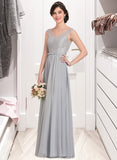 Camille A-Line V-neck Floor-Length Chiffon Lace Bridesmaid Dress With Bow(s) STAP0013203