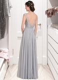 Camille A-Line V-neck Floor-Length Chiffon Lace Bridesmaid Dress With Bow(s) STAP0013203