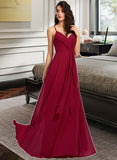 Yareli A-Line V-neck Floor-Length Bridesmaid Dress With Ruffle STAP0013206