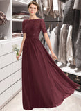 Vivienne A-Line Scoop Neck Floor-Length Chiffon Lace Bridesmaid Dress With Sequins STAP0013207