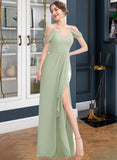 Aliza A-Line V-neck Floor-Length Bridesmaid Dress With Ruffle Split Front STAP0013213